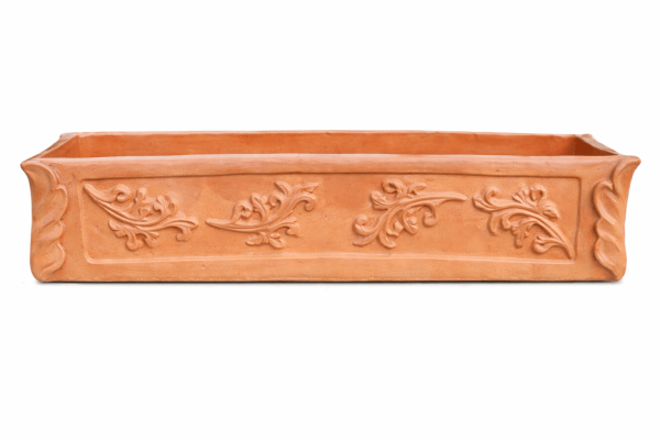 Schmaler frostsicherer Terracotta Blumenkasten aus Impruneta mit Blätterdekoration - Cassetta Foglia